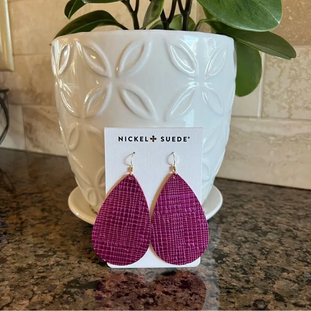 Nickel & Suede Full Grain Leather Nickel Free Textured Fuchsia Teardrop Earrings